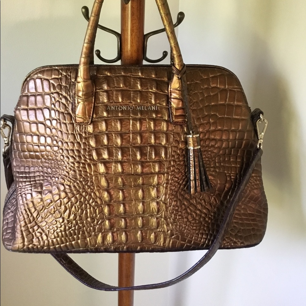 ANTONIO MELANI ALL LEATHER CROC EMBOSSED BROWN BRONZE TASSEL SATCHEL PURSE TOTE